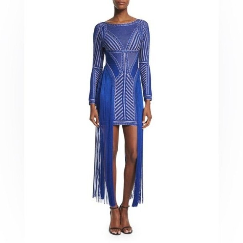 Herve Leger Royal Blue Beaded Fringe Mini Dress
